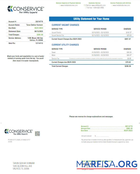 Printable USA FLORID A CONSERVICE utility bill Word and PDF template